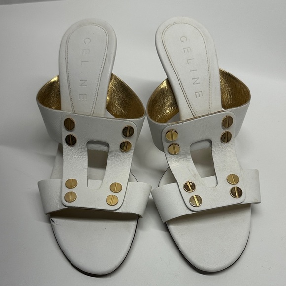 Celine Triomphe Heels High Heel Shoes Open Toe Leather White Gold Studs Size 37 - Picture 8 of 13